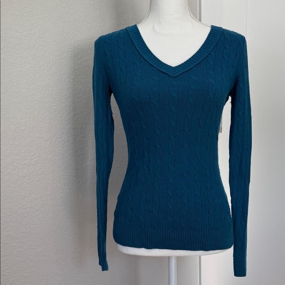 LOFT Teal V-Neck Cable Knit Sweater